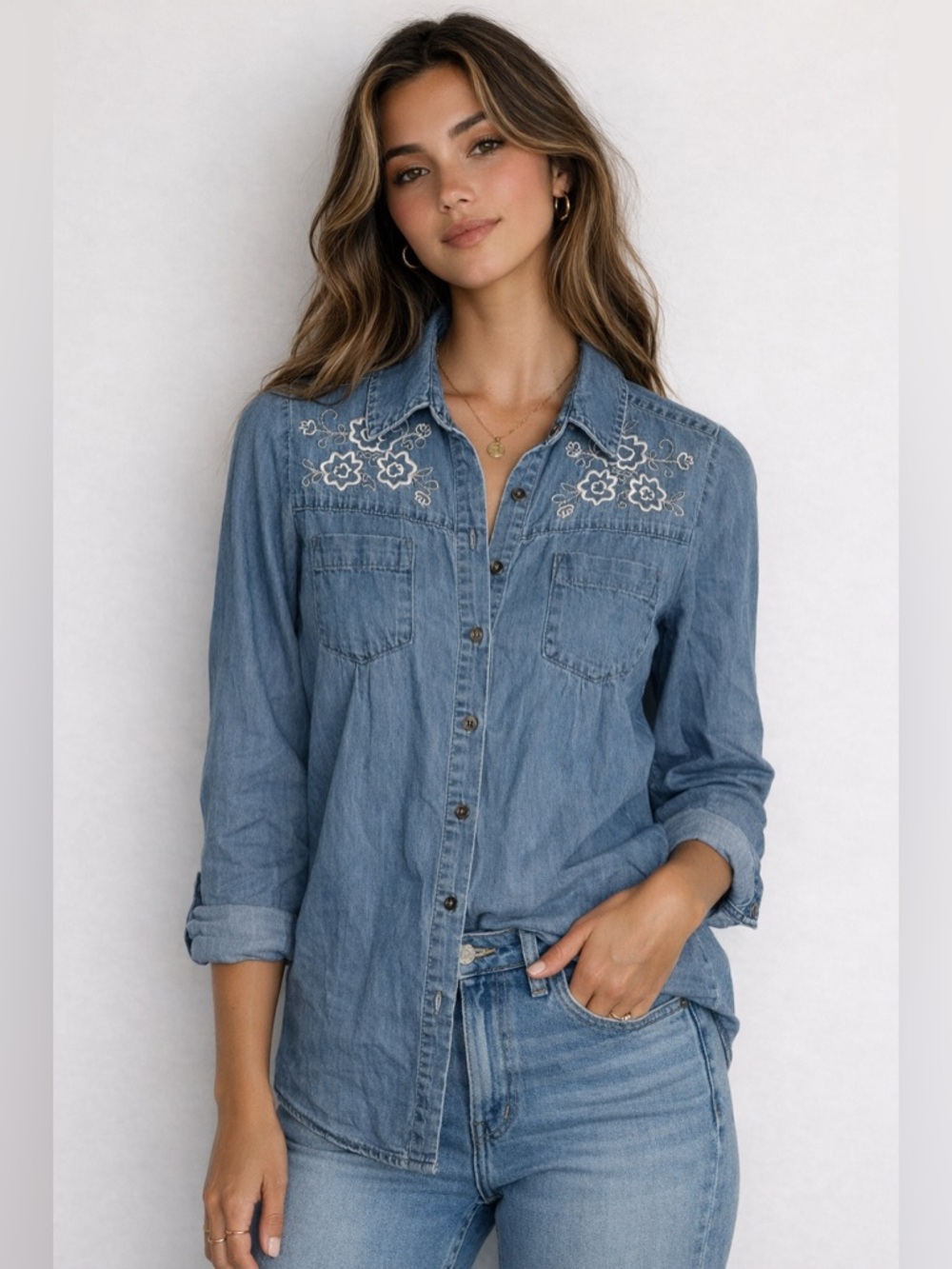 Citicraze Embroidered Chambray Denim Button Up‎ Shirt Small Floral